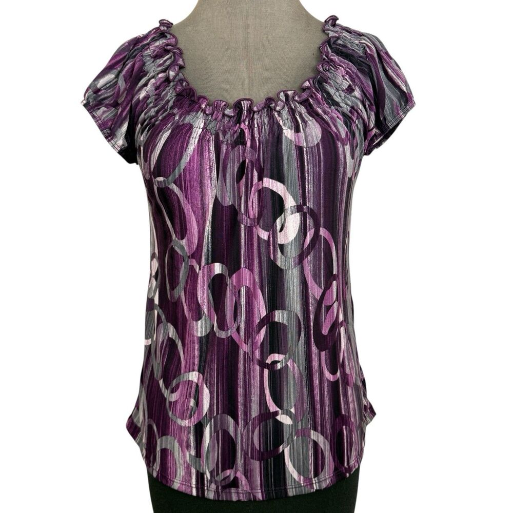 Carol Rose Smocked Top Sz S Purple Short Sleeve Off Shoulder Polyester USA